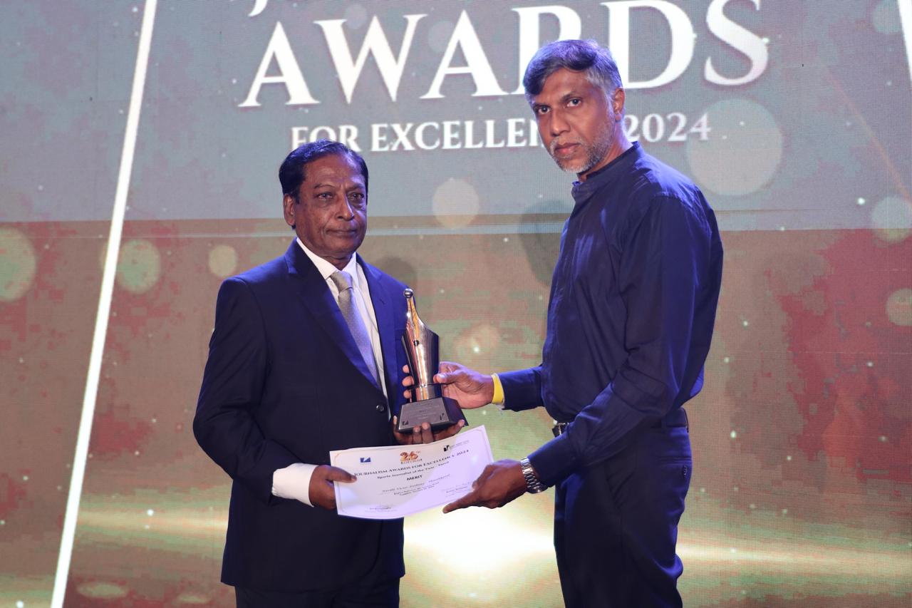 Neville Victor Anthony wins merit award for best Sports Journalist in Tamil at the Journalism Awards for Excellence 2024.