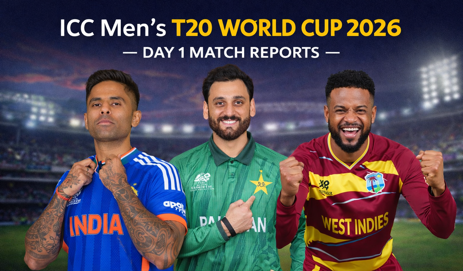 ICC Men’s T20 World Cup 2026 — Day 1 Match Reports : Three Dramatic Openers Set Tone for Tournament
