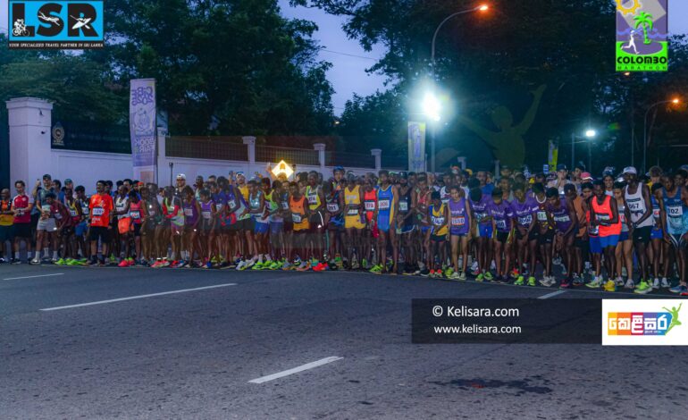 AI-generated illustration of runners crossing the finish line on a Negombo coastal road at sunrise, with spectators cheering